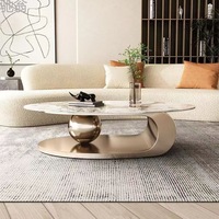 Table Basse Contemporaine Ovale avec Plateau en Pierre Dorée, Meuble de Salon en Métal, Table Basse Marbre Ardoise Moderne Luxe