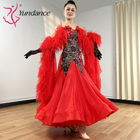 Robe de danse de salon Yundance B-25118 pour femmes adultes, compétition, scène, valse, lyrique, moderne, costume en satin rouge et mousseline de soie avec strass