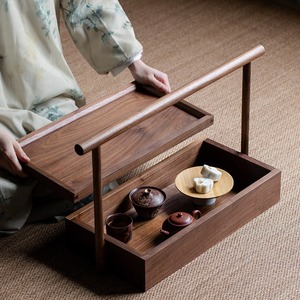 Caja de Almacenamiento de Madera de Nogal Negro, Rectangular, con Tapa y Asa de Transporte, Estilo Retro Chino, Contenedor para Alimentos - Product Image 1