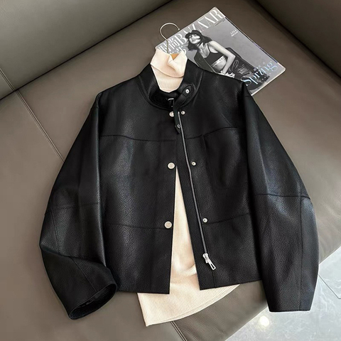 535 Hot Selling Simple Style Casual Stand up Collar Short Sheepskin LeatherJacket Coat for Women
