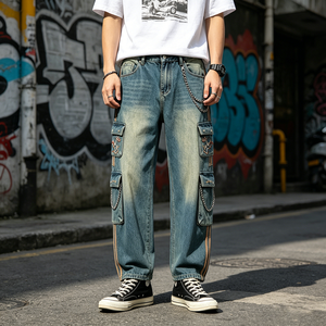 Jeans Cargo Larghi da <span class=keywords><strong>Uomo</strong></span> <span class=keywords><strong>con</strong></span> <span class=keywords><strong>Tasche</strong></span> Multiple, Ricamo Drago, Strisce <span class=keywords><strong>Laterali</strong></span> e Decorazioni a Catena Stile Y2K - Product Image 2