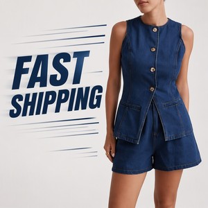 HUOYIN Completo da donna in denim senza maniche, a vita alta, con gilet e vestibilità ampia - Product Image 6