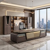 Scrivania Direzionale Moderna di Lusso con Piano in Legno, Pannello LED, Sedia in Pelle, Libreria, Arredamento Commerciale per CEO e Manager Aomige LK-D36
