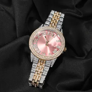 Einzigartiges Design Hip Hop Luxus Mode Frauen Uhr rosa grüne Farbe vereist Uhren Frauen Handgelenk Luxus