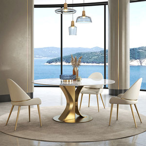 Ensembles de <span class=keywords><strong>table</strong></span> à manger ronds en marbre de luxe <span class=keywords><strong>Table</strong></span> pivotante en acier inoxydable doré avec chaises pour la maison salle à manger Restaurant - Product Image 3