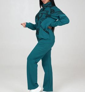 Hot bán của phụ nữ Teal in hai mảnh thiết lập Zip Up Áo khoác & giản dị Quần thời trang dạo phố trang phục - Product Image 2