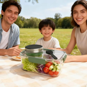 Boîte de conservation portable en plastique transparente et étanche pour salade, avec compartiment à condiments et fourchette intégrée, modèle LM – Vente en gros - Product Image 2