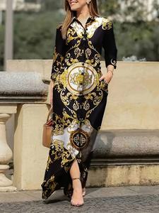 Robe longue maxi élégante vintage pour <span class=keywords><strong>femme</strong></span>, style chemise, à manches longues, motif têtes <span class=keywords><strong>de</strong></span> <span class=keywords><strong>mort</strong></span> mexicaines colorées, avec épaules à volants, boutonnée et taille haute - Product Image 5