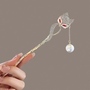 Bâtonnet à cheveux en cristal et strass style chinois ancien avec perle de renard pour femme, épingle à cheveux vintage en cristal, accessoire de coiffure - Product Image 4
