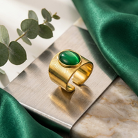 Ins Chic Vintage Statement-Fingerring aus anlaufbeständigem Edelstahl, 18 Karat vergoldet, großer ovaler grüner Katzenaugenstein, breit