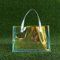 En gros personnalisé coloré laser holographique mode clair transparent imperméable PVC fourre-tout cadeau femmes sac à provisions poignées
