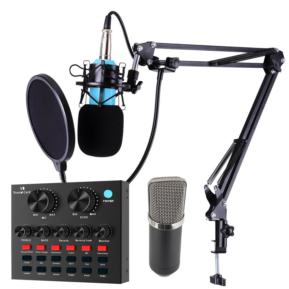 Microfone e microfone bm700 para estúdio, conjunto profissional de microfone e condensador, com placa de som v8, karaoke, bm800
