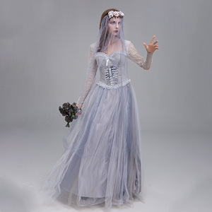 Robe de mariée fantôme pour femmes, Costume de Cosplay, robe en Tulle à manches longues avec voile et couronne de fleurs pour jeu de rôle en soirée d'halloween - Product Image 2