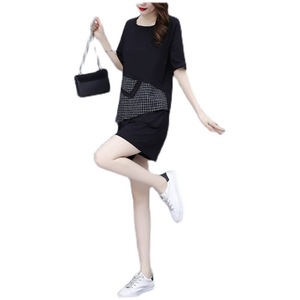 Women's Casual Two Piece Set Black Plaid Short Sleeve Knitted Breathable Shorts Suit JN-8632 - Product Image 5