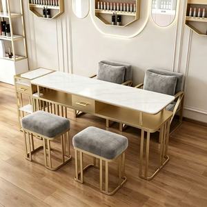 Juego de Mesa y Silla de Hierro Moderno con Aspecto de Mármol, Estación de Manicura para Salón de Belleza con Almacenamiento para Estudio de Belleza - Product Image 1