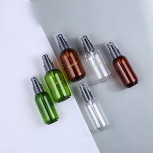 Empty Round 50ml 80ml Amber Green Transparent Clear Pet Plastic Skincare Spray Bottle Set With Full Cap Transparent Lid