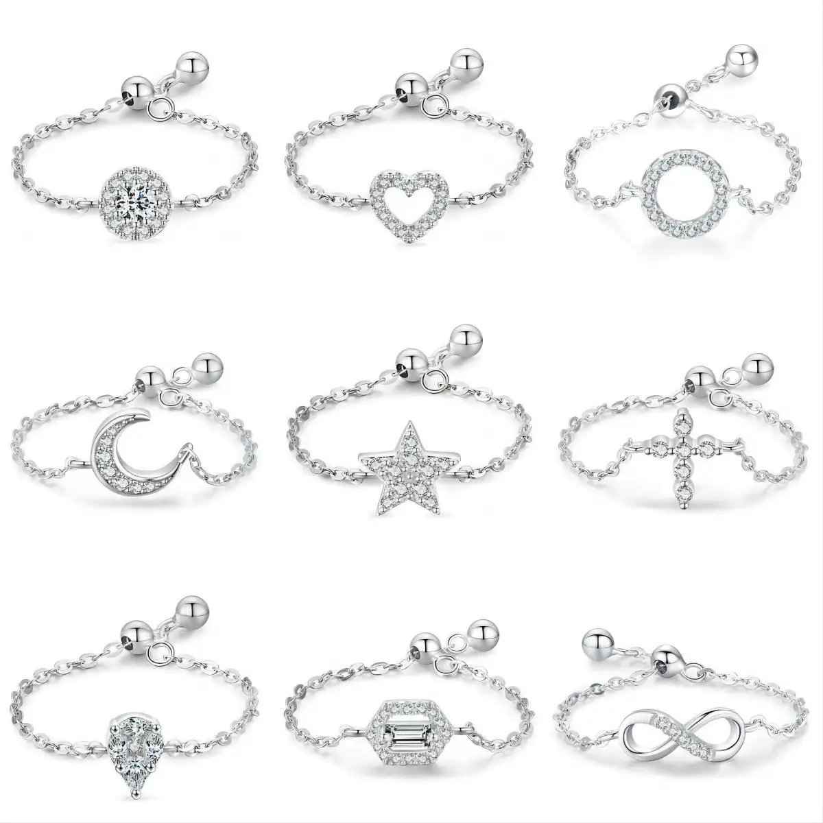 VANA Wholesale CZ Cubic Zirconia Jewellery S925 Silver Gemstone Rings Women Adjustable Chain Sterling Silver 925 Ring Jewelry