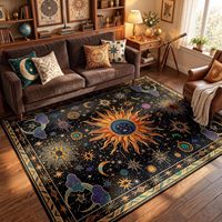 Tapis Bohème Gothique Soleil et Lune, Grand Tapis Noir, Violet et Doré Lavable Antidérapant pour Salon, Chambre, Salle à Manger, Couloir