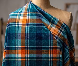 Tela de tapicería estampada a cuadros en azul verdoso, naranja y blanco por yarda, textil colorido con patrón a cuadros para muebles, sofá y silla - Product Image 5