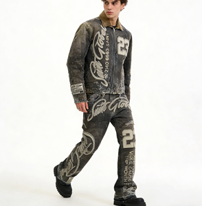 wholesale Design Jeans <b>Jacket</b> <b>pullover</b> Streetwear Top <b>Men</b> Jeans <b>Jacket</b> High Quality 3D Printing <b>Men</b> Tracksuit Set - Product Image 2
