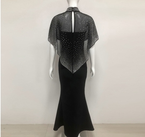Fabricants de robes personnalisées 2025 robes de soirée noires de luxe robe de sirène élégante avec cape transparente à diamants étincelants - Product Image 6