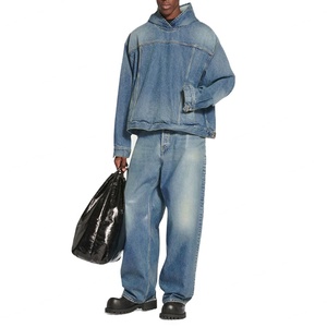Custom Jean <b>Jacket</b> <b>for</b> <b>Men</b> Light Blue Long Sleeves Cotton Hooded Oversized <b>Denim</b> <b>Jacket</b> - Product Image 2