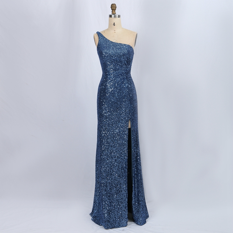 2022 new design women elegant plus size Blue one shoulder pleated bodice sequin bridesmaid prom dresses