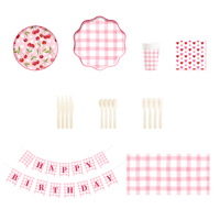 DAMAI Fournitures de fête d'anniversaire pour enfants, thème pique-nique, rose cerise à carreaux, vaisselle jetable, serviettes en papier, gobelets, assiettes