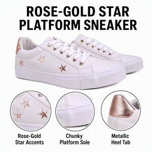 Baskets compensées pour femme avec logo personnalisé OEM, or rose, étoiles, talon orné de métal, semelle épaisse blanche, printemps/été - Product Image 4