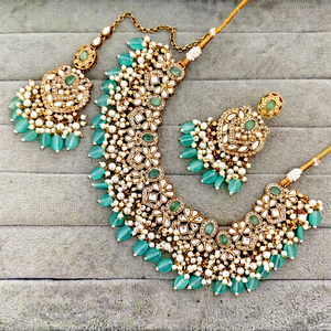 Indian Traditional Antique Gold Plated Kundan Choker Necklace <b>Set</b> Sea Green Mint Gemstone Bead Bridal Jewelry <b>Set</b> with Earrings - Product Image 1