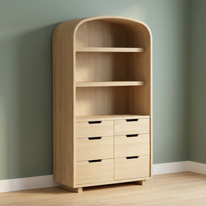 Modern Teak Wood Arched <b>Book</b> <b>Storage</b> with 6 Handleless Drawves - Product Image 1