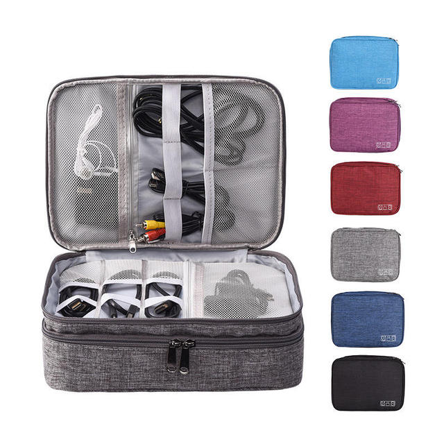 Wholesale Waterproof 300d Polyester Organizer Electronic Accessories Storage Bags Portable Double Layer Cable Storage Bag