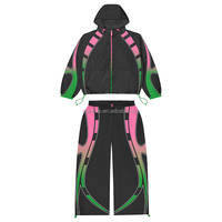Ensemble de survêtement coupe-vent en nylon à imprimé dégradé personnalisé, 2 pièces, veste à capuche zippée courte, pantalon de survêtement à jambes larges, streetwear unisexe