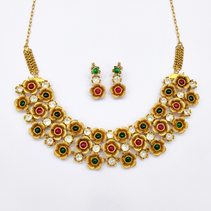 Parure de bijoux ethnique en laiton plaqué or, motif floral, avec collier et boucles d'oreilles, ornée de pierres et de perles, accessoires de mode floraux, cadeau de fiançailles - Product Image 1