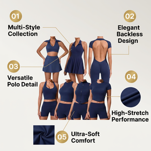 Ensembles de yoga sans couture bleu marine premium pour femmes avec justaucorps dos nu et short taille haute 2 pièces – Collection Fitness - Product Image 3