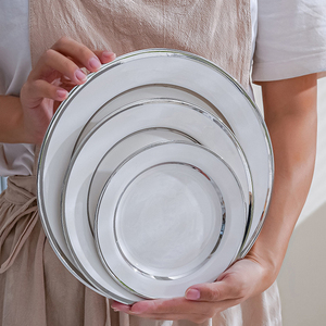 Plato plano redondo con borde de oro blanco de lujo de estilo europeo, juegos de <span class=keywords><strong>vajilla</strong></span> de cerámica de 6/8/10 pulgadas, juego de platos de cena de comida de porcelana - Product Image 6