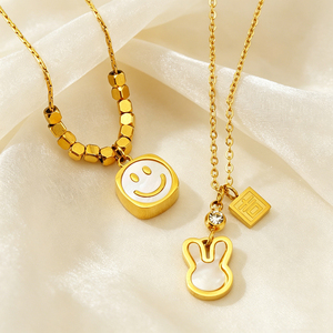 Collier en acier inoxydable plaqué or 18 carats pour femmes, tendance INS, pendentif en forme de barre d'or, visage souriant, coquille, bijoux - Product Image 2