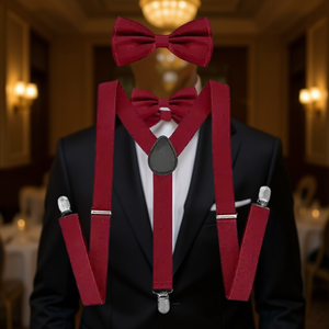 Elegante Set di Papillon Rosso e Bretelle per Uomo, Abbigliamento Formale in Poliestere, Accessori per Adulti - Product Image 2