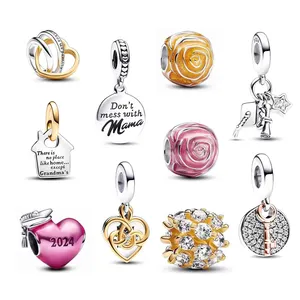 Mode baru 925 perak murni jimat berlian bertatahkan emas merah muda hati 2024 manik desain liontin DIY gelang untuk wanita perhiasan