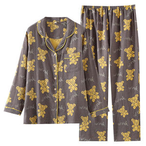 Pigiama da <span class=keywords><strong>Donna</strong></span> Nuovo in Raso Jacquard di Puro Cotone Tinto in Filo a Doppio Strato Maniche Lunghe Stile <span class=keywords><strong>Retrò</strong></span> con Scollo a V <span class=keywords><strong>Abbigliamento</strong></span> da Casa Primavera Estate - Product Image 5