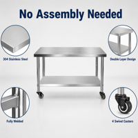 Table de travail en acier inoxydable 304 avec roulettes, double niveau, entièrement soudée, aucun assemblage requis