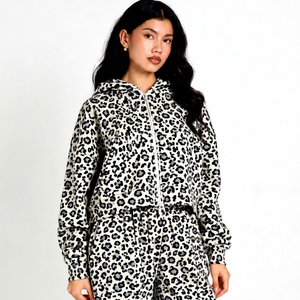 <b>Women</b> <b>White</b> Black Leopard Print Zip Up Hoodie Long Sleeve Casual Cropped <b>Sweatshirt</b> With Adjustable Hood And Relaxed Fit Outfit - Product Image 1