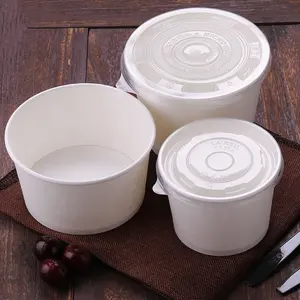 Белые миски из крафт-бумаги с крышками, одноразовая упаковка для пищевых продуктов для печати в микроволновой печи, контейнер для горячего супа, Круглый, белый