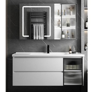 White Solid Wood Bathroom <b>Vanity</b> Ceramic Integrated Basin Smart <b>Mirror</b> Cabinet With Tricolor <b>Light</b> - Product Image 4