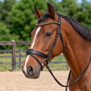 Brida de cuero genuino premium para caballo con frontal de cristal y narquiler acolchado suave, brida de doma inglesa con matchi - Product Image 3