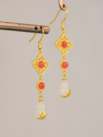 Boucles d'oreilles en argent sterling 925 plaqué or avec pierre précieuse rouge et jade Hetian en forme de gourde, bijoux pour femmes en gros