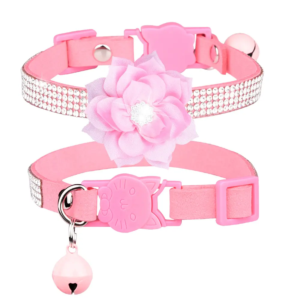 Shining Diamond Rhinestone Puppy Baby Dog Cat Collar Leather Strap with Bells for Walking