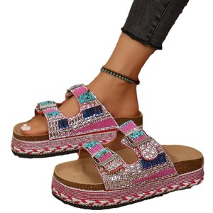 Nouvelles sandales de plage pour femmes grande taille, à semelle épaisse, double boucle et strass, en liège, pour l'été et le commerce transfrontalier - Product Image 5