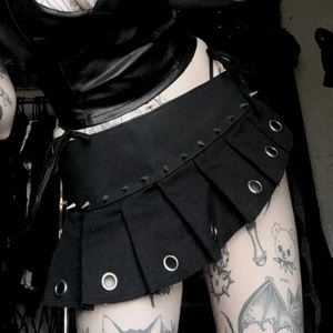 Streetwear Gothic Studded Mini <b>Skirt</b> for Women, <b>Low</b> <b>Waist</b> Asymmetrical Pleated <b>Skirt</b> with Ring Detail - Product Image 6