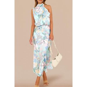Robe longue d'été en satin à motif floral pour femme FOXA, col montant, sans manches, coupe fourreau, pour cocktail, respirante, taille naturelle - Product Image 6
